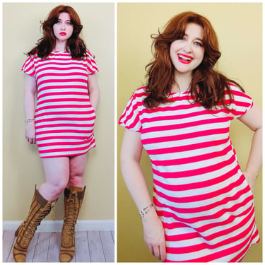 1990s Vintage California Roc Terry Cloth Dress / 90s Hot Pink Striped Towel Fabric Cover Up / Size Small - Medium 