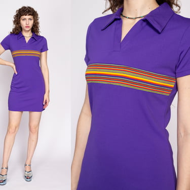 90s Express Preppy Polo Mini Dress - Small | Vintage Sporty Purple Striped Collared Short Sleeve Shirtdress 
