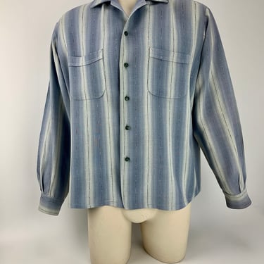 1950's Striped Shadow Plaid Shirt - HIGHLANER Label - Blue Ombre Stripe - Loop Collar - Men's Size Large 