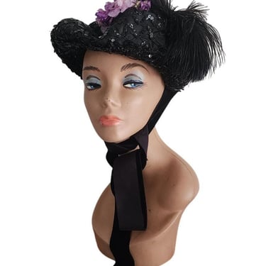 Antique Victorian Black Bonnet Hat Feathers Sequins Lace & Purple Flowers 