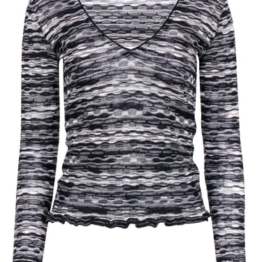 Missoni - Black w/ Grey &amp; White Textured Stripe Long Sleeve Top Sz S