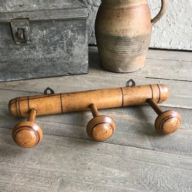 French Faux Bamboo Coat Hook, Wood, 3 Hooks, Mushroom Coat Hat Rack, Rustic French Farmhouse 