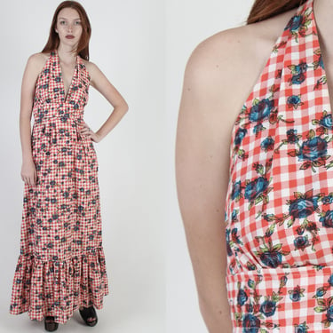 Vintage 70s Red Maxi Halter Dress / Blue Orchid Floral Prairie Style / Summer Picnic Gingham Print Dress / Open Back Long Sun Dress 