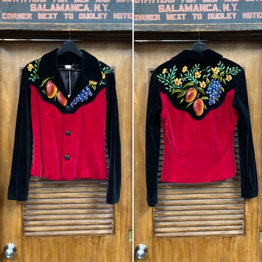 Vintage 1960’s “East West” Two-Tone Velvet Glam Painted Fruit Detail Rock n’ Roll Jacket, Original Factory, 60’s Vintage Clothing 