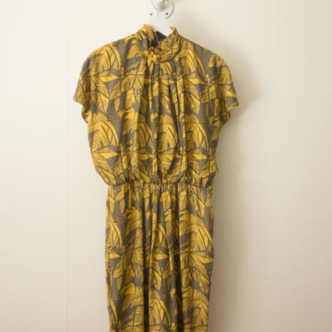 1980s St. Gillian Yellow and Khaki Palm Leaf Print Dress 