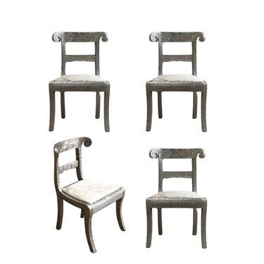 Anglo Raj Style-Indian Hammered Silver Wrap Dining Chairs w/Hair on Hide, 1950