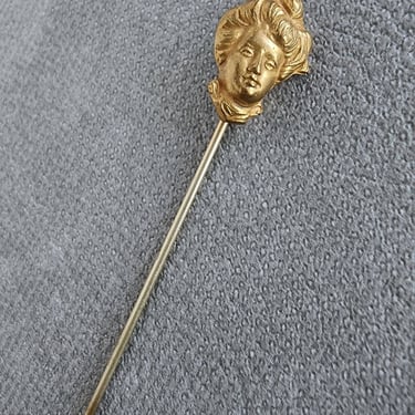 Vintage Gibson Girl Stick Pin - Victorian Lady Figural Head in Gold Wash 1910s or 20s Jewelry 