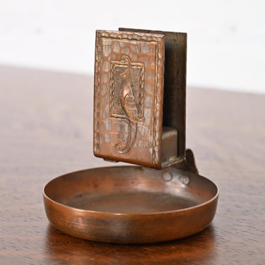 Roycroft Arts & Crafts Hammered Copper Bird-Of-Paradise Ashtray With Match Box Holder