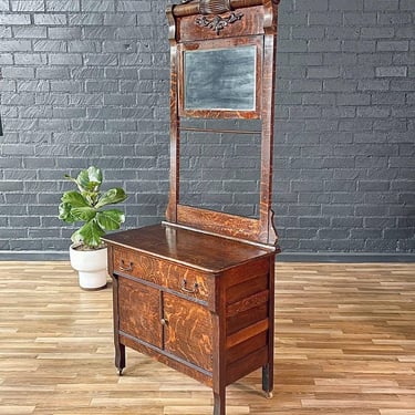 Antique Victorian Eastlake Tiger Oak Hall Stand with Mirror, c.1920’s 