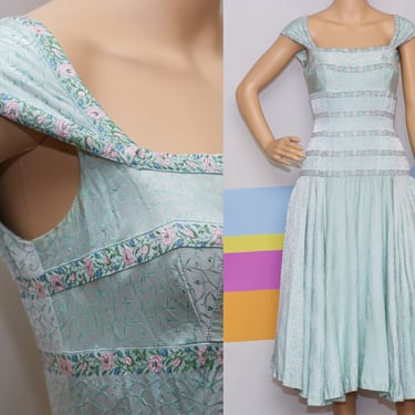 Vintage 1950s Aqua Dress by Alix of Miami | Small 