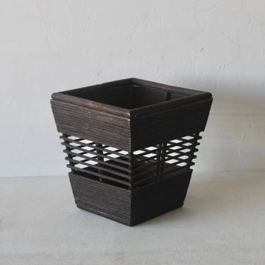 Vintage Modern Espresso Finish Wood Rods Wastebasket Planter 