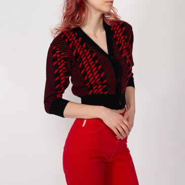 XXS 90s Red & Black Cropped Knit Cardigan | Vintage Jordache 3/4 Sleeve Button Up V Neck Crop Top Sweater 