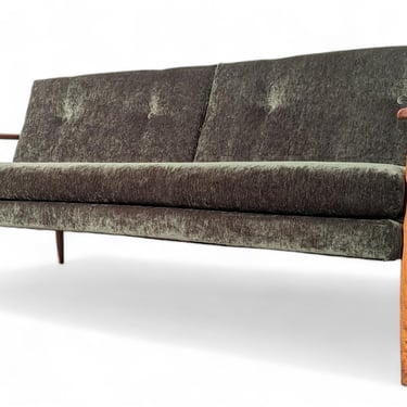 Mid Century Modern Oak and Velvet Sofa 
