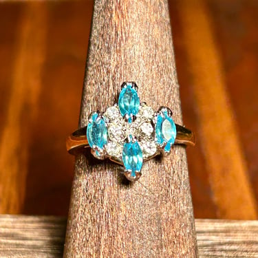 14k Gold Plated Multi Gemstone Ring Blue Crystal Cubic Zirconia Retro Jewelry 