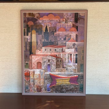 Authentic Original William Grauer Mediterranean Hill Town Painting, ca 1982, Cleveland Museum of Art May Show 