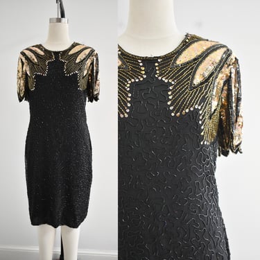 1980s Black and Gold Sequin Cocktail Dress 