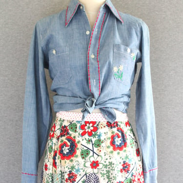 1960-70s - Chambray Denim - Shirt - Hand Embroidered -XS?S 