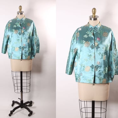 1950s 1960s Blue Brocade Chinese Frog Closure 3/4 Length Sleeve Jacket by Dynasty for McInerny 