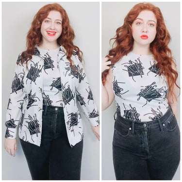 1970s Vintage Black and White Abstract Blouse Set / 70s / Seventies Scribble Poly Knit Blouse and Tank / Large - XL 