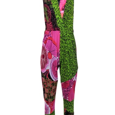 Fuzzi - Green &amp; Pink Mixed Print Sleeveless Mesh Jumpsuit Sz XL