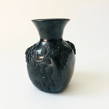 Floral Mexican Black Pottery Vase 