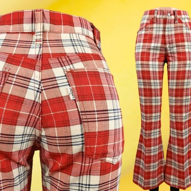 Vintage 60s/70s plaid pants. Mid rise flares LEVI'S STA-PREST Funky mod. Red, white, & blue. Unisex. (30 x 29 1/2) 