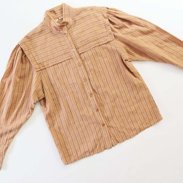 Vintage 70s I Magnin Striped Blouse S - 1970s Tall Neck Earthy Caramel Brown Knit Long Sleeve Button Up Bib Top 