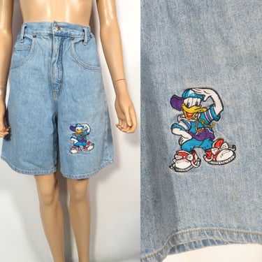 Vintage 90s Hip Hop Donald Duck Denim Shorts Size 28 Waist 