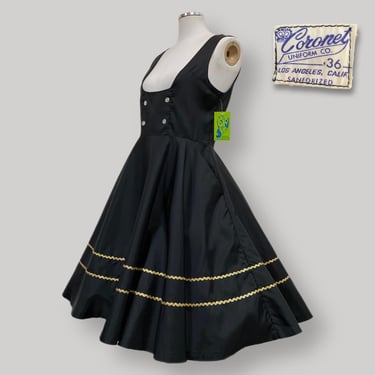 1950s - 1960s Black Pinafore Full Circle Skirt Dress w Double Breast Buttons by Coronet Uniform Co. | Vintage, Costume, Ring Leader, RHPS 