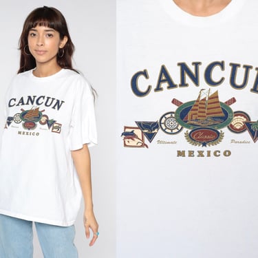 Cancun Mexico Shirt 90s T Shirt Mexican Shirt Retro TShirt Vintage Graphic Print 1990s Souvenir Tourist White Crewneck Tee Large 