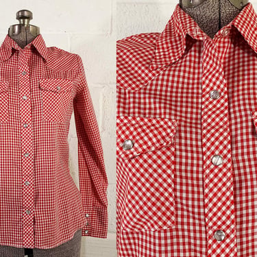 Vintage Wrangler Western Shirt Cowboy Rodeo Gingham Checked Pearl Snap Plaid Cowgirl West USA Long Sleeve 1970s Medium 