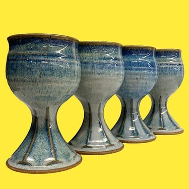 Vintage Ceramic Goblets Retro 1990s Bohemian + Hand Made + Blue and Brown + Set of 4 + Wine or Drinking Glasses + Boho Kitchen + Decor 