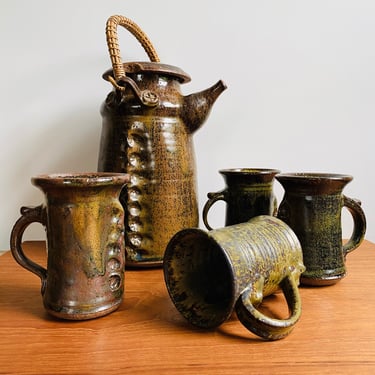 Vintage studio pottery tea or coffee set with four mugs / signed handmade ceramics marked CSC 69 
