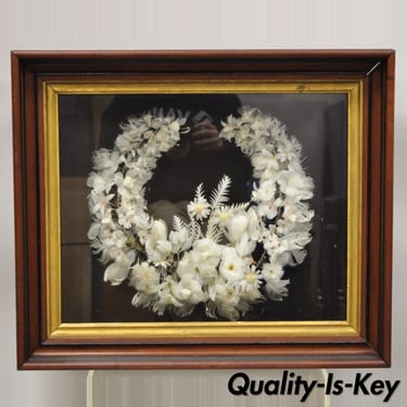 Antique Victorian White Feather Flower Mourning Wreath Mahogany Shadow Box Frame