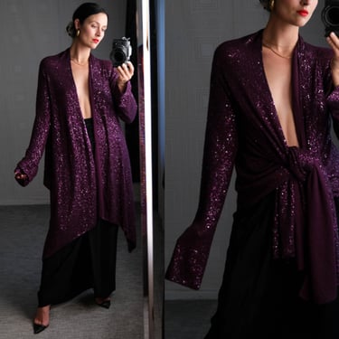 Vintage DONNA KARAN Black Label Purple Sequined Cashmere & Silk Blend Long Draped Open Cardigan | Cashmere/Silk | Y2K DKNY Designer Sweater 