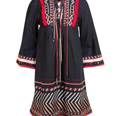 Zadig & Voltaire - Black Chambray Embroidered Lace Up Front Mini Dress Sz M