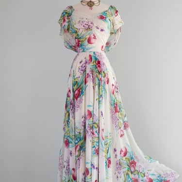 Gorgeous 1940's Floral Chiffon Evening Gown With Full Skirt & Draped Back / Medium
