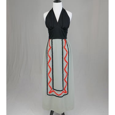 70s Halter Dress - Maxi Length - Gray Black Orange - Little Ruffle Trim - Polyester - Vintage 1970s - XS 24" waist 