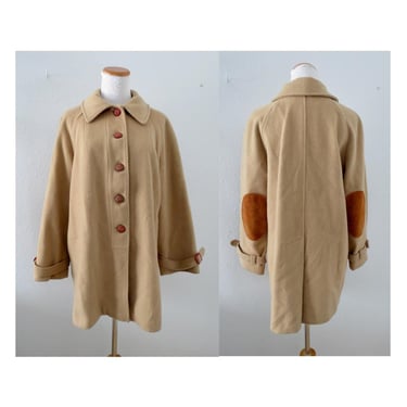 Vintage Women's Coat - Leather Elbow Patch Jacket - 70s 1970s Beige Button Front Jacket - Size Medium 