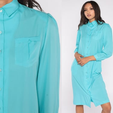 Puff Sleeve Dress 80s Midi Dress Turquoise Blue Shirtdress Button Up Shift Straight Secretary Dress Vintage 1980s Long Sleeve Medium 8 