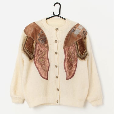 80s vintage cream mohair knitted appliqué cardigan - Medium / Large 