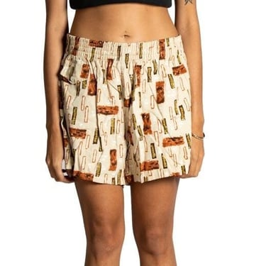 1940S Cream Cold Rayon Kahanamoku Mens Unisex Bathing Suit Shorts With Tiki's And Palm Trees 