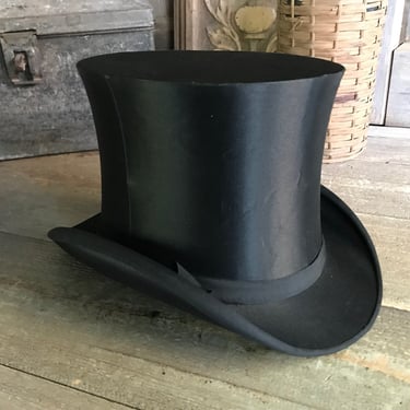French Black Silk Top Hat, Paris, Collapsible, Top Hat Display, Period Clothing Victorian Edwardian Fashion 