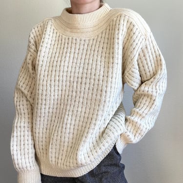 Vintage 90s Oversized White Wool Chunky Knit Fisherman Crewneck Sweater Sz L 