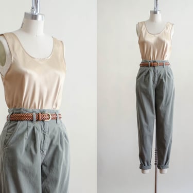 high waisted pants | 80s 90s vintage olive green gray dark academia pleated tapered leg khaki trousers 