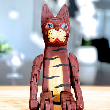 VINTAGE: Hand Carved Wooden Hinged Cat - Sitting Cat - Wood Figurine - SKU 00040037 