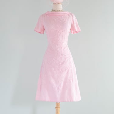 Adorable 1960's Pink Cotton Shift With Soutache by Parnes- Feinstein / Medium