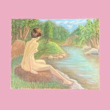 Vintage Nude Painting 1970s Reto Size 24x30 Bohemian + Naked Woman + Forest and River + Acrylic + Stretched Canvas + MCM Home and Wall Decor 