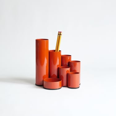 MCM Pencil Holder, Space Age Metal Stationary Organizer in Orange, in the style of Deyhle Germany, Vintage 1970's 