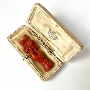 Antique Bakelite Brooch Carved Hand with Flowers in Original Jewelry Box 